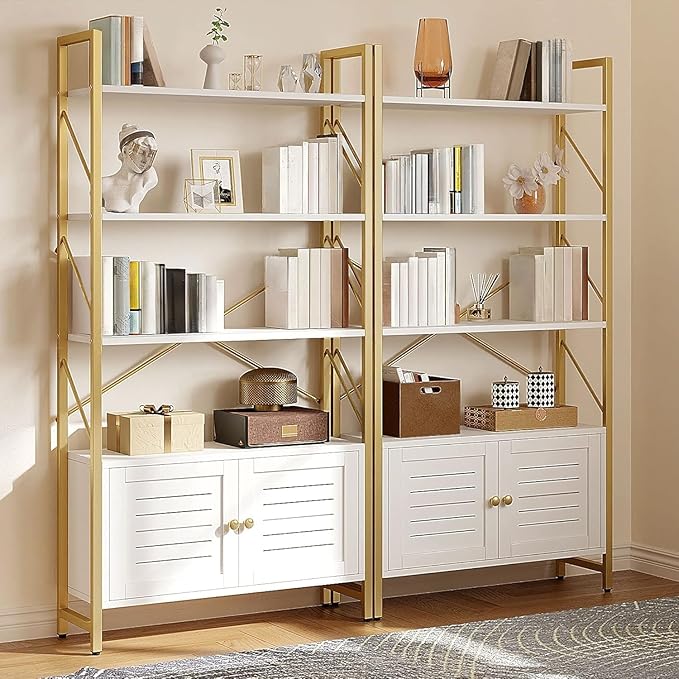 YITAHOME Bookshelf with Storage Cabinet, Modern Bookcase Standing 5 Tiers Book Shelves Display Rack with Doors for Bedroom Living Room Office, White Gold