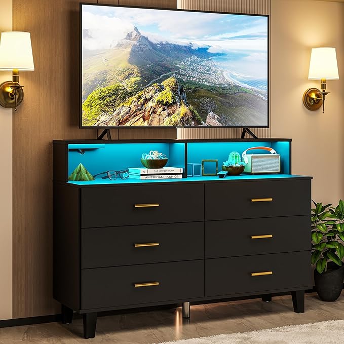 Black Dresser with LED Lights, 6 Drawer Dresser with Power Outlet for Bedroom, Large Wooden Chest of Drawers, Organizer Cabinet for Bedroom,Living Room,Hallway, Entryway