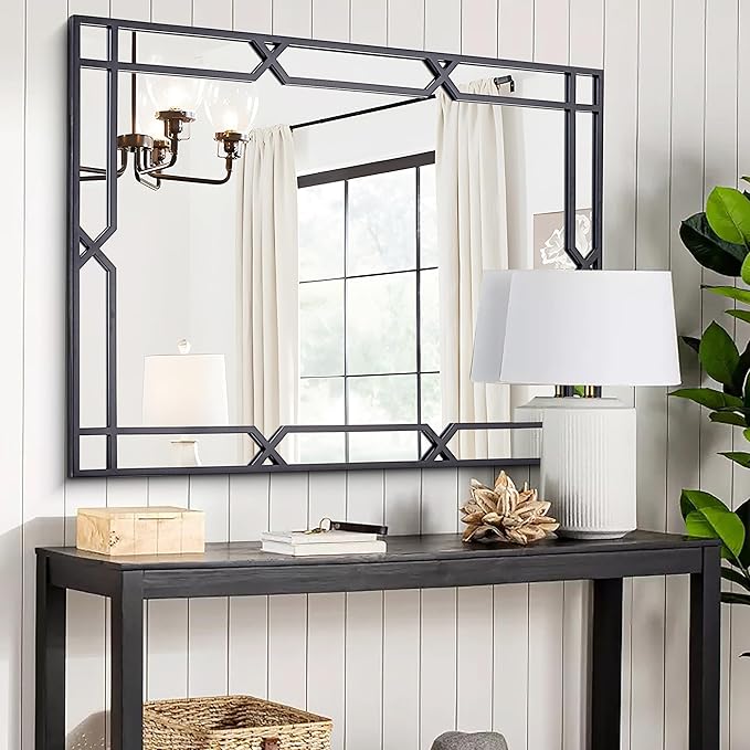 Chende 47"x32" Black Mirror for Wall Decor, Large Rectangular Decorative Mirror with Matte Black Metal Pipe Frame for Dining Room Living Room, Bathroom, Entrance, Fireplace