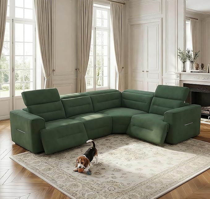 Power Recliner Sectional Couch, Flannel Living Room Furniture Set, Reclining Corner Sectional Sofa with USB Ports for Home/Office (Green, 4 Seater Couch)