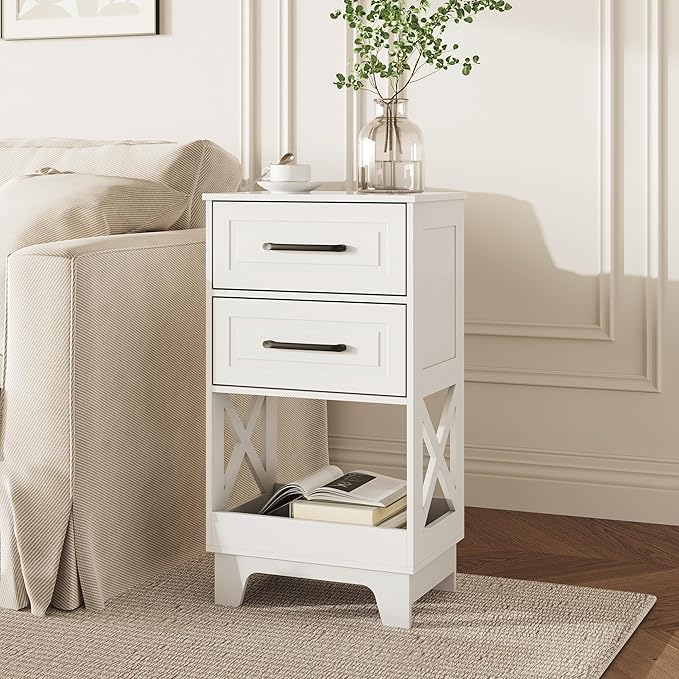 Tall Nightstand Set of 2 Side Table with 2 Drawers Modern Night Stand Wooden End Table Bedside Table with Below Open Shelf Solid Feet for Bedroom White