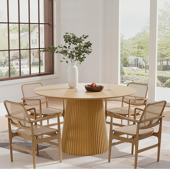 Casaphoria 46" Round Dining Table, Modern Wood Kitchen Table with Cone Grating Bar Base for Living Room & Dining Room, Easy Assembly Farmhouse Furniture for 4-6, Oak