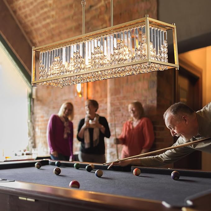 Q&S Modern Rectangular Crystal Chandelier,Gold Rectangle Chandeliers for Dining Room Luxury 6 Lights for Kitchen Island Bar Living Room Pool Table Hotel Office Restaurant L37.5 UL Listed