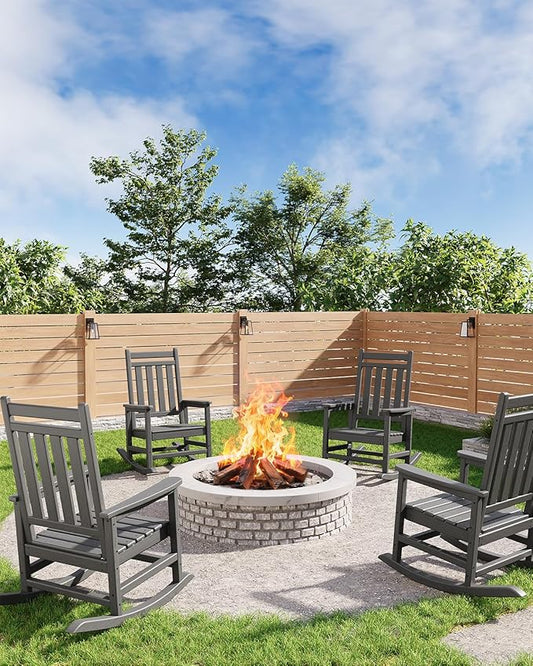 GarveeLife Poly Lumber Rocking Chair Outdoor Set of 4- HDPE High Back Porch Rocker Chairs for Adults - All Weather Resistant Furniture for Patio - Gray