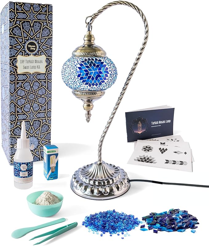 KRAFTSTORIES DIY Turkish Mosaic Lamp Craft Kit| Large Swan Neck Making Kit for Adults| Family Couple Relaxing Creative Activity Gift| Moroccan Table Lamp| Make Your Own Lamp (Blue)
