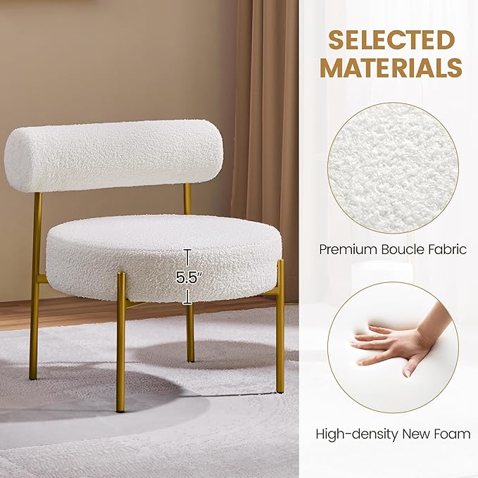 Yaheetech Boucle Accent Chair, Modern Tufted Vanity Chair, Cozy Sherpa Barrel Chair with Gold Legs, Club Chair for Living Room Bedroom Vanity Room Home Office, White, 4pcs
