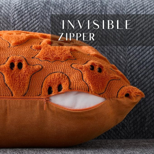 DFXSZ Halloween Pillow Covers 20x20 inch Set of 2 Orange White Ghost Throw Pillow Cases Soft Plush Faux Fur Wool Couch Cushion Case for Chair Sofa Bedroom Living Room Home Decor PTK03K20