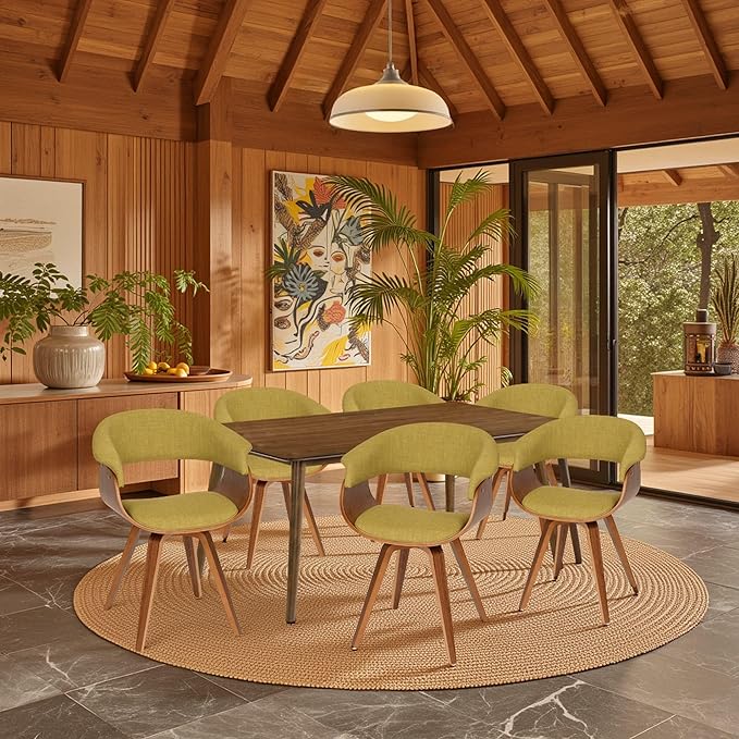 Armen Living Summer Modern Chair in Green Fabric and Walnut Wood - Set of 6