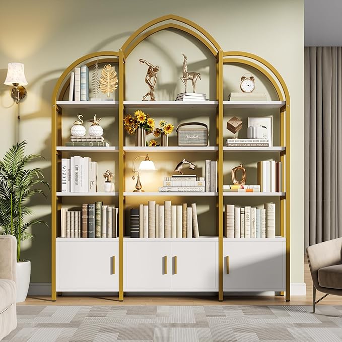 Tall Arched Bookshelf and Bookcase with 3 Cabinets, Triple Wide 5 Tier Industrial Etagere Open Bookshelf, Wood Book Shelf for Bedroom Living Room (Gold and White)