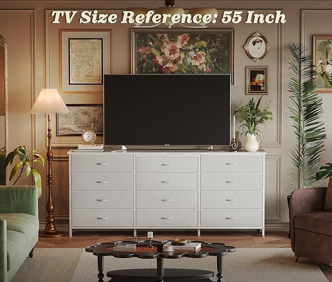 PRAISUN 63 Inch Long Dresser TV Stand for 65, 70 Inch TV, 12 Drawer Dresser for Closet, Bedroom, Large Fabric Drawers, Entryway Hallway Chest of Drawers, Wooden Top, Media Console, PU Leather, White