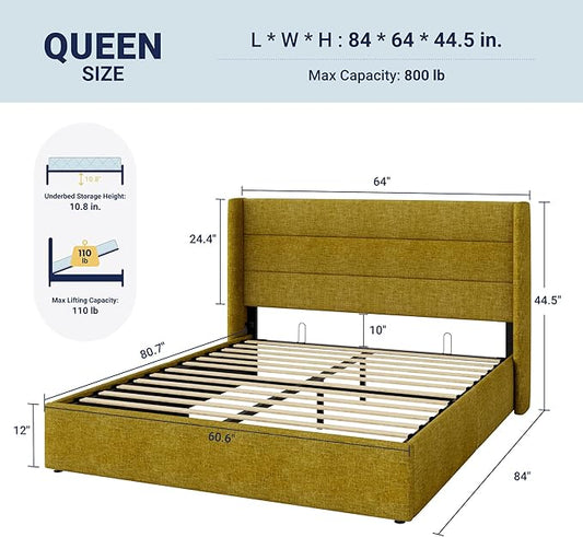 Allewie Queen Size Lift Up Storage Bed, Modern Wingback Headboard, Hydraulic Support, No Box Spring Needed, Olive Yellow