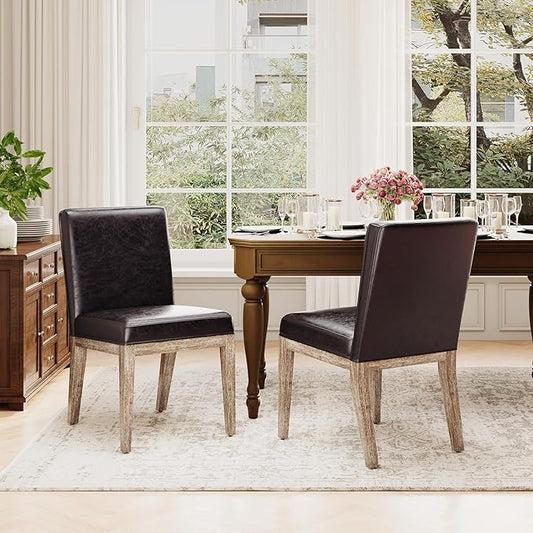 Wooden Dining Chairs Set of 2, Modern Leather Upholstered Dining Room Chair, Kitchen Side Chairs, Farmhouse Dinner Chair with High Back for Kitchen, Brown