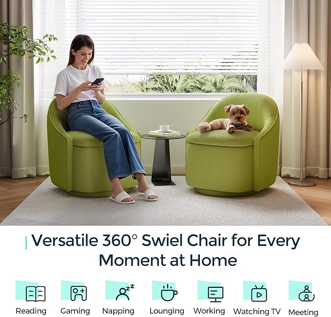 LINSY Swivel Accent Chair Set of 2, Comfy Chenille Barrel Chairs with Storage 360 Swivel Modern Armchair for Living Room Bedroom, Small Boucle Reading Chair for Study Room (Green)