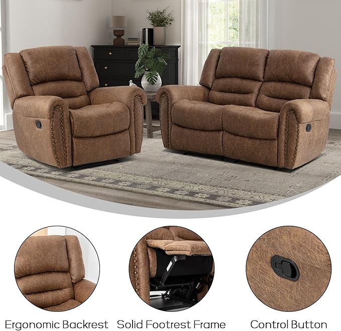 EBELLO Manual Recliner Sofa Set, Faux Leather Reclining Living Room Set, Included Single Recliner Chair and Loveseat Manual Sofa, Brown