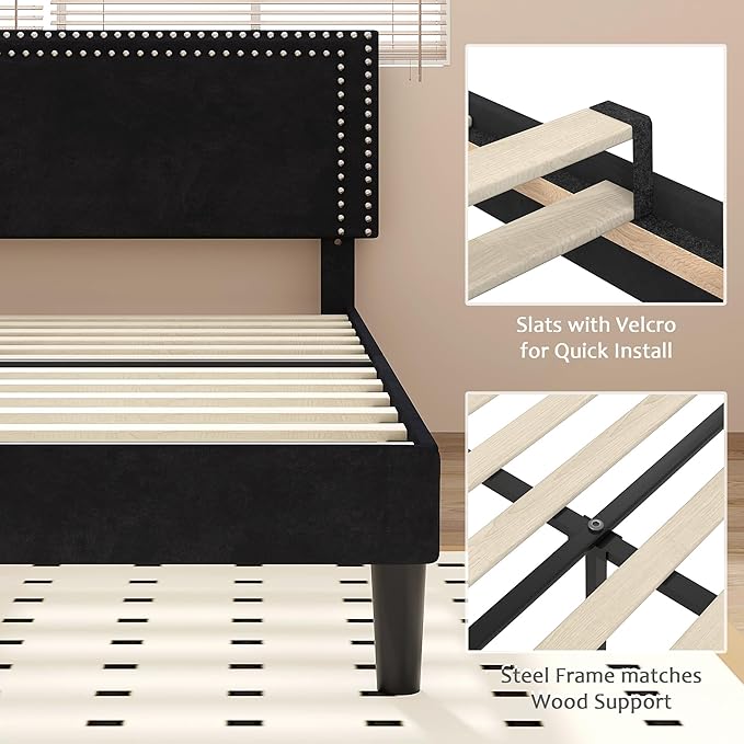 Full Size Platform Bed Frame with Adjustable Upholstered Headboard, Modern Mattress Foundation,Strong Wood Slat Support, No Box Spring Needed, Easy Assembly