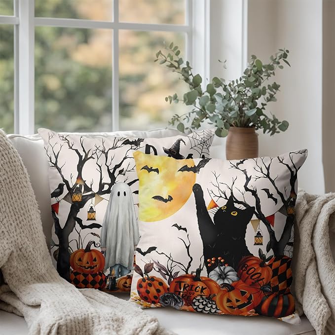 Halloween Outdoor Pillow Covers 18x18 Set of 2 Black Cat Pumpkin Moon Bat Throw Pillow Cases Ghost Spooky Boo Dog Skull Pillowcase Fall Holiday Decor for Home Sofa Couch