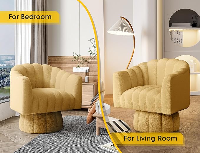 360 Degree Sherpa Swivel Cuddle Barrel Accent Sofa Chairs, Round Teddy Armchairs with Wide Upholstered, Furry Boucle Reading Chair for Living Room, Bedroom, Office, Waiting Rooms (Mustard)