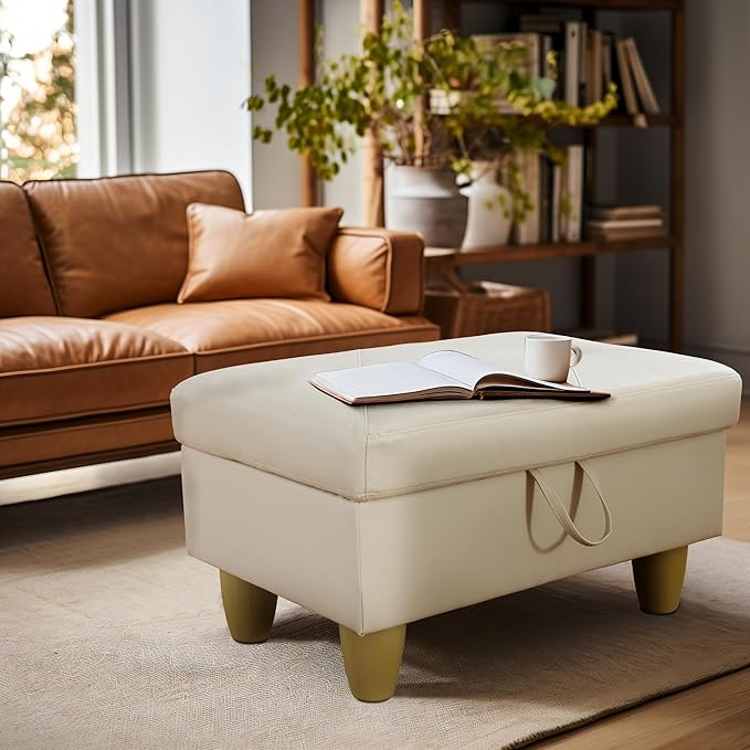 Ottoman Rectangular Storage Ottoman Bench, Faux Leather Footrest, Coffee Table, Stool Footstool with Hinged Lid for Living Room, Bedroom, Entryway, Off-White, 28.5"x19"x17.5"