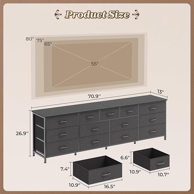 Huuger 70 Inch Dresser for Bedroom, TV Stand for 65, 75, 80 Inch TV, 13 Fabric Drawer Long Dresser, Wide Chest of Drawer, Black Storage Units for Bedroom