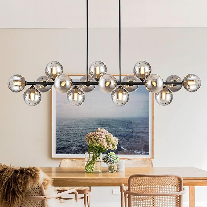 Chandelier,16-Light Black Linear Sputnik Chandelier 55inch Large Pendant Lights Kitchen Island Modern Chandeliers for Dining Room Light Bubble Gray Globe Kitchen Island chandelier Farmhouse Chandelier