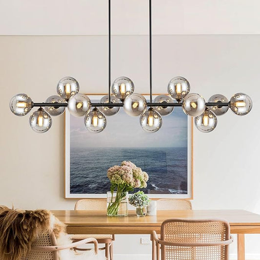 Chandelier,16-Light Black Linear Sputnik Chandelier 55inch Large Pendant Lights Kitchen Island Modern Chandeliers for Dining Room Light Bubble Gray Globe Kitchen Island chandelier Farmhouse Chandelier
