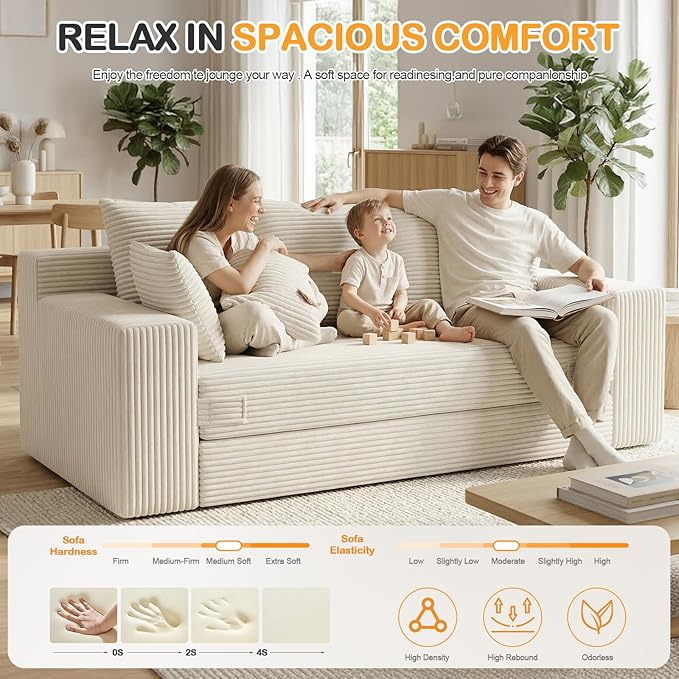 Oversize Loveseat Boneless Convertible Sofa Bed, Folding Floor Futon Sleeper Sofa Queen Size Couch Bed- Boneless Foldable Couch, Corduroy Pull Out Sofa Bed with 5 Pillows for Living Room & Bedroom