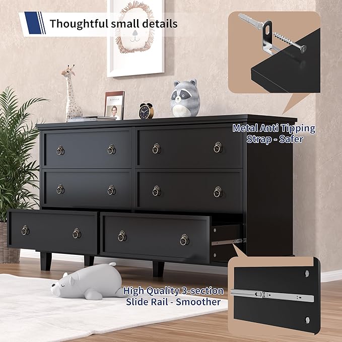 Black Dresser for Bedroom, 53.1'' Wide Chest of Drawers with 6 Drawers, Large Storage Wooden Dresser for Living Room, Entryway, Hallway