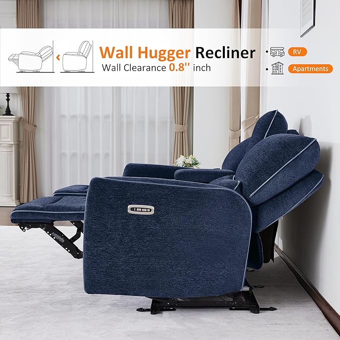 MCombo 75" Wall Hugger Power Loveseat Recliner Sofa with Console and Adjustable Headrest, RV Reclining Loveseat with USB Ports for Living Room 6926 (Navy Blue, Loveseat with Console)
