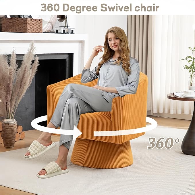 Swivel Accent Chair, Modern 360° Barrel Chair, Corduroy Upholstered Single Sofa for Living Room, Bedroom(Mustard)