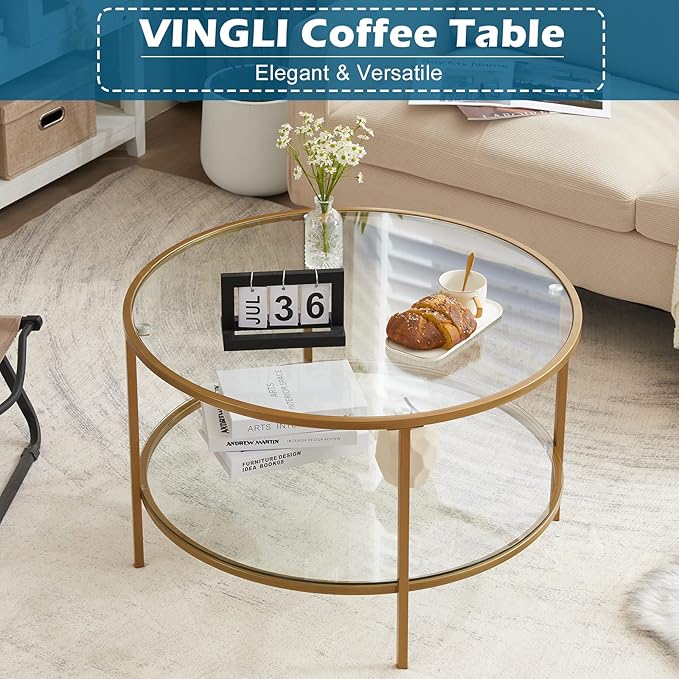 VINGLI Glass Coffee Table,30" Round Coffee Table Gold Coffee Tables for Living Room,2-Tier Glass Top Coffee Table with Storage Clear Coffee Table,Simple & Modern Center Table Mesa de Centro para Sala