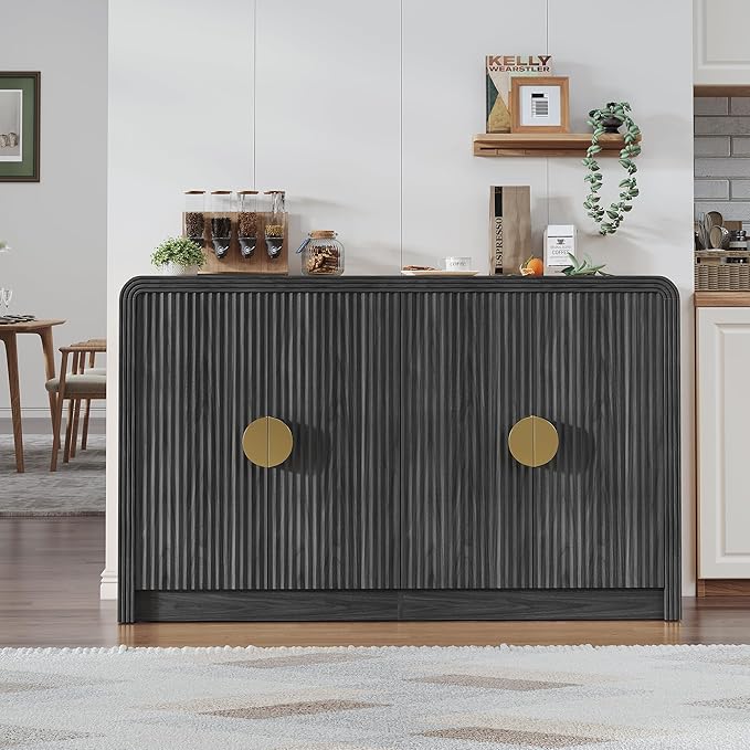 55" Buffet Sideboard Cabinet, Mid Century Modern Console Cabinet with Wavy Grain Doors & Adjustable Shelves for Kitchen Cabinets, Living Room, Entryway, Coffee Bar Cabinet (Black Walnut)