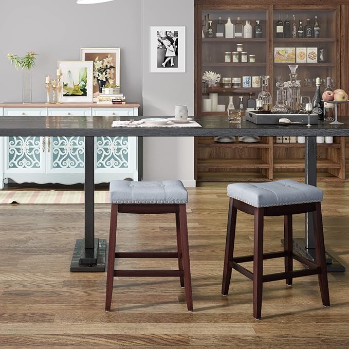 COSTWAY Bar Stools Set of 2, 24-Inch Height Backless Counter Stool with Footrest, Soft Seat Cushion, Wood Legs and Non-Slip Foot Pad, Saddle Stools for Home Kitchen Living Room, Stone Gray+Dark Brown