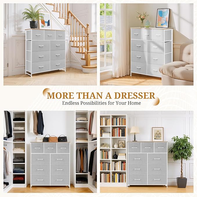Dresser with 9 Drawers for Bedroom, Fabric Clothes Cabinet for Closet, Anti-Tip Storage Dresser with Metal Frame for Living Room, Entryway, Dorm, Light Grey