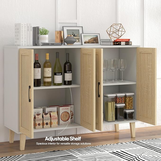Panana Buffet Storage Cabinet with Rattan Decorating 4 Doors Living Room Kitchen Sideboard 48.43 x 34.65 x 15 inch (White)