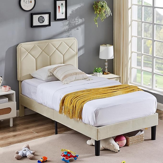 VECELO Twin Size Bed Frame Premium Velvet Upholstered Platform with Height Adjustable Headboard/Mattress Foundation, Solid Wooden Slat Support, No Box Spring Needed/Easy Assembly