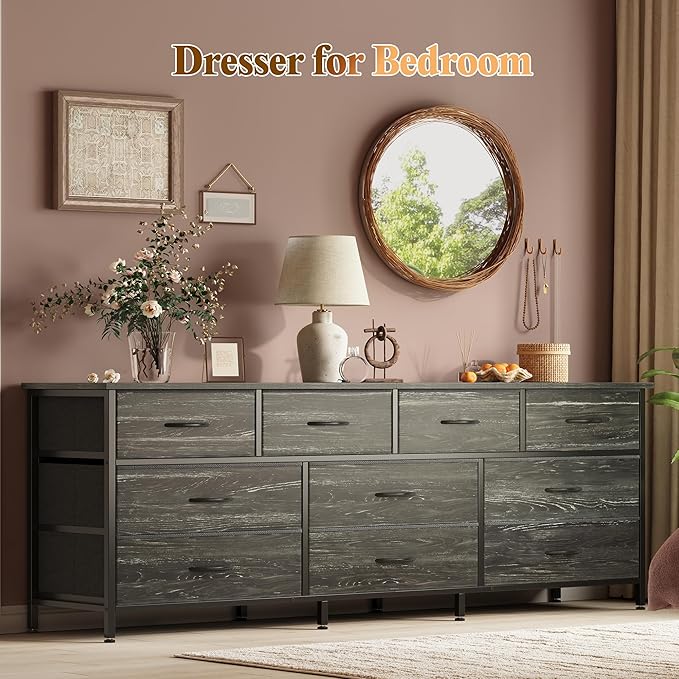 Huuger 63 Inch Dresser for Bedroom, Long Dresser with 10 Fabric Drawers, Large TV Stand for 55, 65, 70 Inch TV, Toy Storage Organizer for Closet, Charcoal Black Wood Grain Print