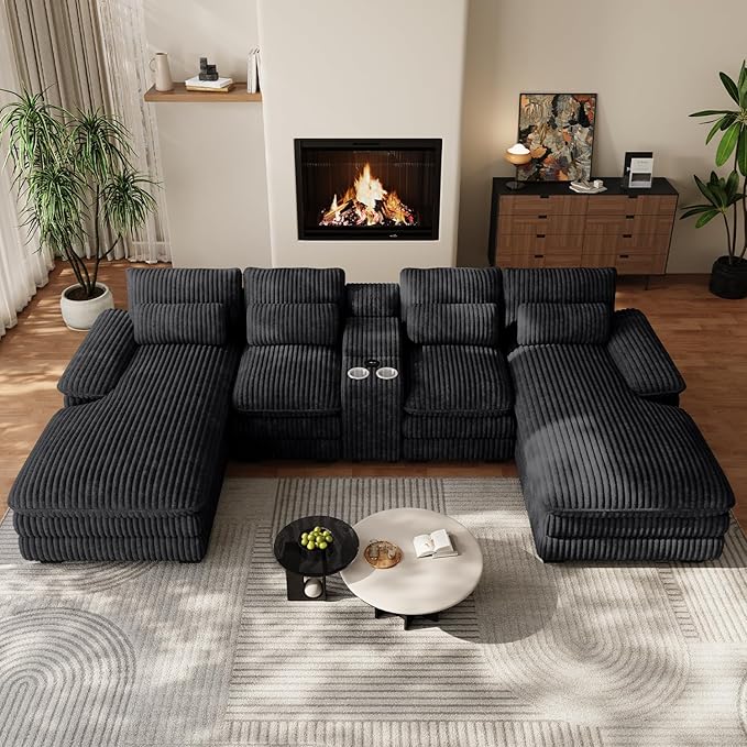 133" Oversized U Shaped Cloud Couch Modular Sectional Couches for Living Room Comfy Corduroy Deep Seat Sofa Set with Double Chaise Lounge, Storage Central Console, Cup Holders, USB Port, Black