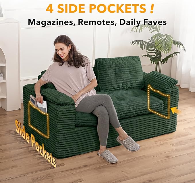 60in Loveseat Sofa, Boneless Cloud Couch Sofa for Living Room 2 Seater Modern Lounge Sleeper Couch with Removable Cover Corduroy with Armrest, Seat Cushion & Pillows for Small Spaces, Green