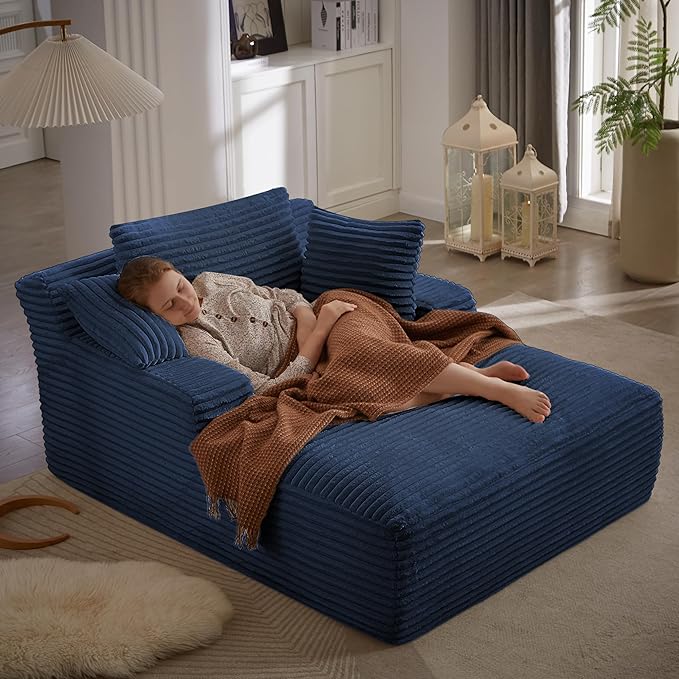 49.2" Full Foam Oversized Chaise Lounge Chair Cozy Cloud Couch, Modern Plush Corduroy Upholstered Sleeper Sofa Daybed with 3 Throw Pillows and Wide Armrest for Living Room, No Assembly Required