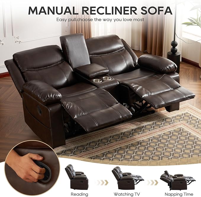 Recliner Sofa, Reclining Loveseat Sofa with Massage & Heat, Reclining Couch with Side Pockets, Extra Storage, Cup Holders for Living Room