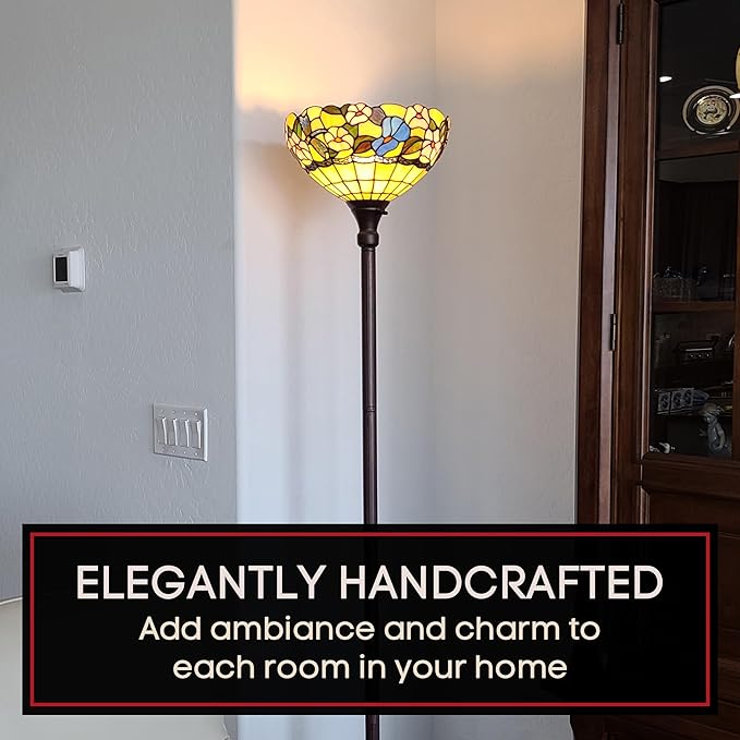 Amora Tiffany Floor Lamp - 70” Hummingbirds Floral Stained Glass Floor Lamp