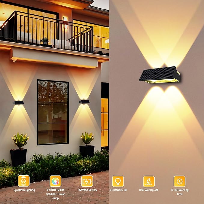 Solar Fence Lights Outdoor,Solar Up and Down Lights Garden Fence Wall Lights Solar Powered IP65 Waterproof 9 Colors 11 Modes RGB Fence Lighting for Patio/Backyard/Porch/Fence (8)