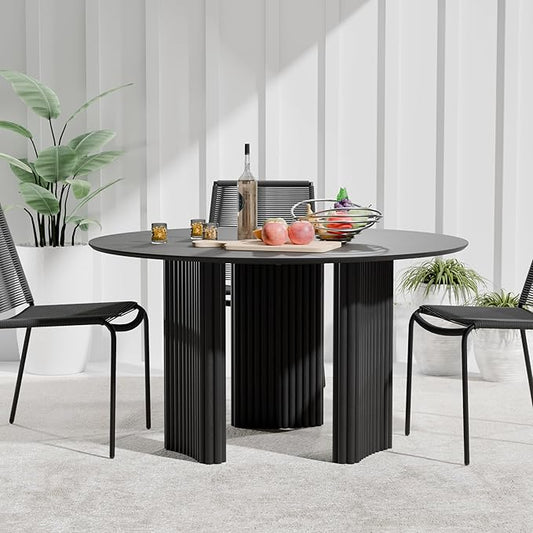 Casaphoria 52" Round Dining Table for 4-6, Farmhouse Style Table with Stripes Base, Easy Assembly for Living Room, Kitchen, Bar, Black