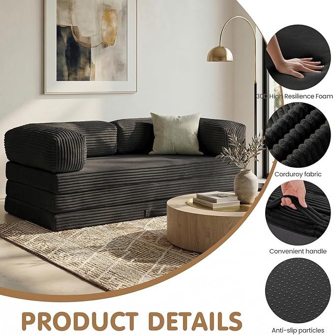 JUIKURY Folding Sofa Bed, Convertible Sleeper Chair with Pilow Foldable Matress, 2 in 1 Pull Out Loveseat Sofa Portable Fold Out Chair Bed Floor Couch Lounge for Living Room (Black, King-82 Lx76 W)