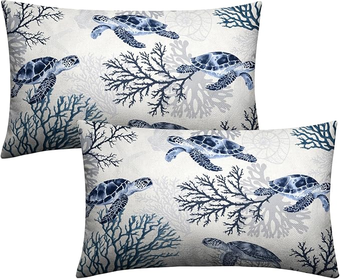 Nautical Coastal Lumbar Pillows Covers 12x20 Set of 2 Summer Beachy Themed Outdoor Throw Pillow Covers Ocean Coral Sea Turtle Pillow Cases for Bed Couch Sofa Living Room