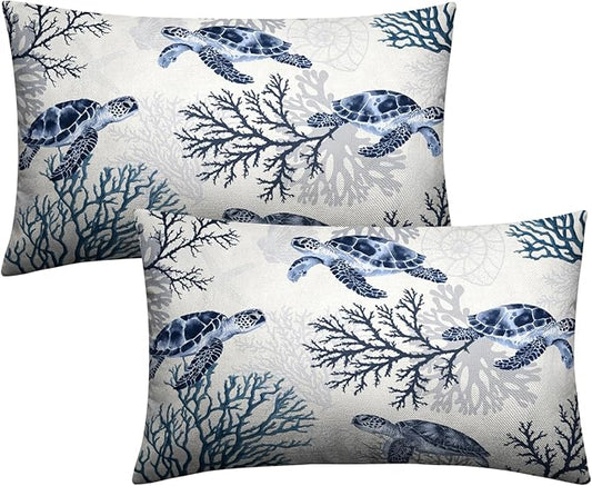 Nautical Coastal Lumbar Pillows Covers 12x20 Set of 2 Summer Beachy Themed Outdoor Throw Pillow Covers Ocean Coral Sea Turtle Pillow Cases for Bed Couch Sofa Living Room