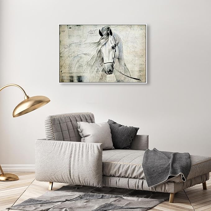 Country Farmhouse Canvas Print Painting Animal Wall Art 'Southern White Horse' White Framed Canvas Rustic Home Décor 36x24 in Gray, Brown by Oliver Gal