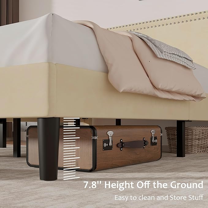Queen Size Platform Bed Frame with Height Adjustable Upholstered Headboard, Modern Mattress Foundation,Strong Wood Slat Support, No Box Spring Needed, Easy Assembly