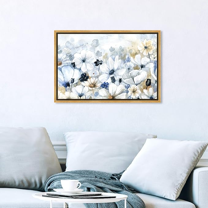 The Oliver Gal Artist Co. Floral and Botanical Wall Art Framed Canvas Prints 'Fields Flowers Home Décor, 24" x 16", Blue, White