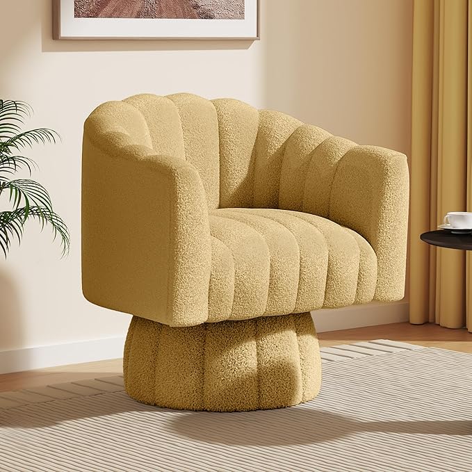 360 Degree Sherpa Swivel Cuddle Barrel Accent Sofa Chairs, Round Teddy Armchairs with Wide Upholstered, Furry Boucle Reading Chair for Living Room, Bedroom, Office, Waiting Rooms (Mustard)